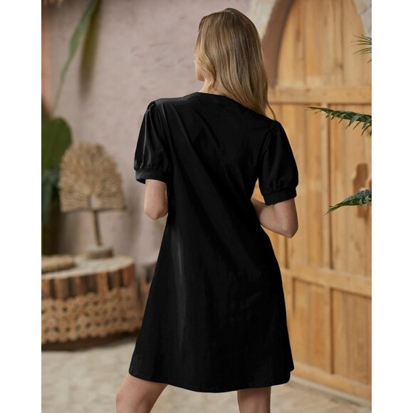 Women’s Summer Dress Polyester Blended Shift V Neck Puff Short Sleeve Casual - Picture 7 of 7